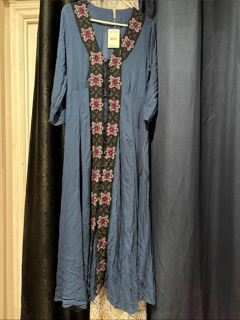 Free People Blue Maxi Dress with Black Embroidered Trim